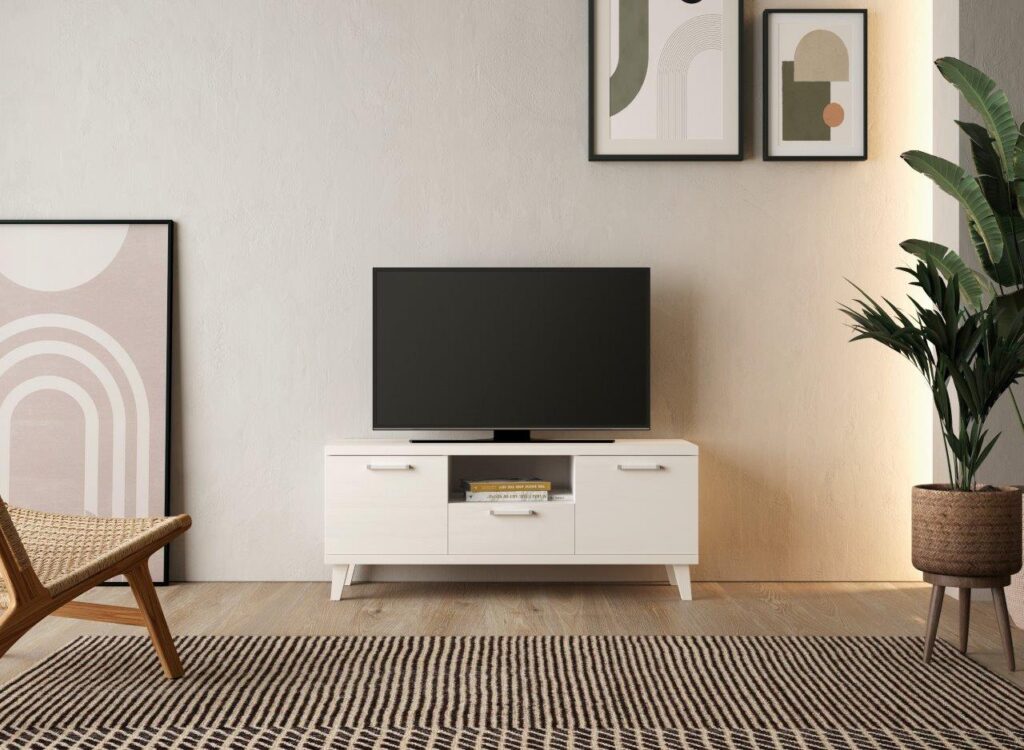 Mueble tv blanco con patas de metal dorado